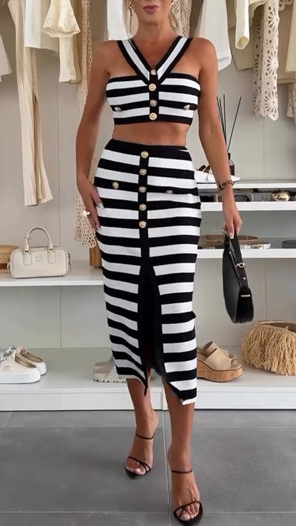 Ladies' Neck and Strapless Striped Button Top+skirt Casual Set - MYSTERYBOXS