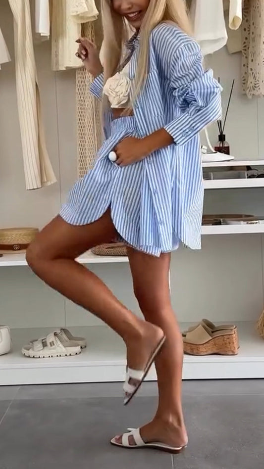 Ladies' Collar Vertical Stripe Top+shorts Casual Set