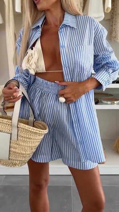 Ladies' Collar Vertical Stripe Top+shorts Casual Set - MYSTERYBOXS