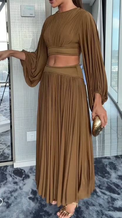 Ladies' Round Neck Pleated Short Top+skirt Elegant Casual Set - MYSTERYBOXS