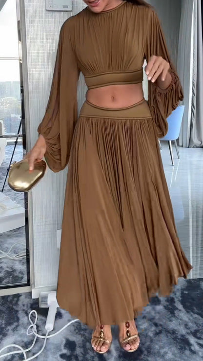 Ladies' Round Neck Pleated Short Top+skirt Elegant Casual Set - MYSTERYBOXS