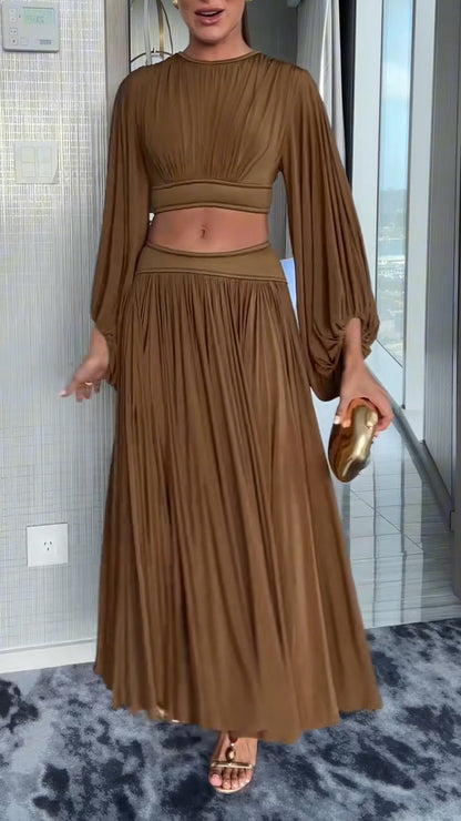 Ladies' Round Neck Pleated Short Top+skirt Elegant Casual Set - MYSTERYBOXS