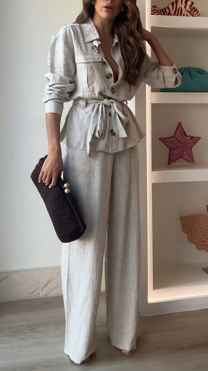 Ladies' Collar and Buckle Top+ Pants Style Commuting Suit - MYSTERYBOXS