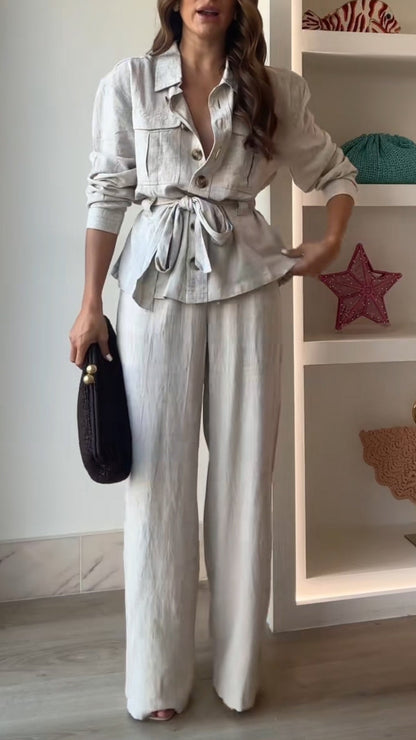 Ladies' Collar and Buckle Top+ Pants Style Commuting Suit - MYSTERYBOXS