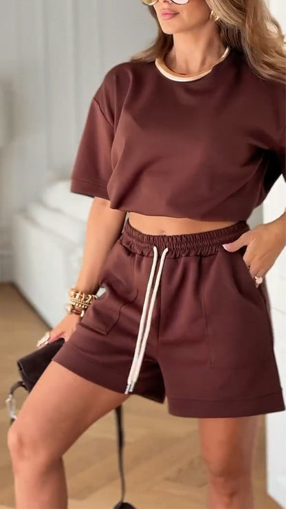 Women's Round Neck Top+ Drawstring Pants Loose Casual Suit - MYSTERYBOXS