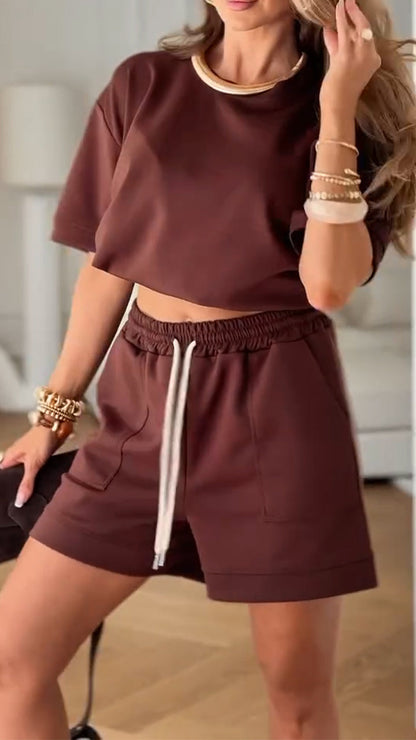 Women's Round Neck Top+ Drawstring Pants Loose Casual Suit - MYSTERYBOXS
