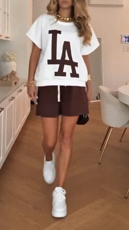 Ladies' Round Neck Printed Letter Top+ Shorts Casual Set - MYSTERYBOXS