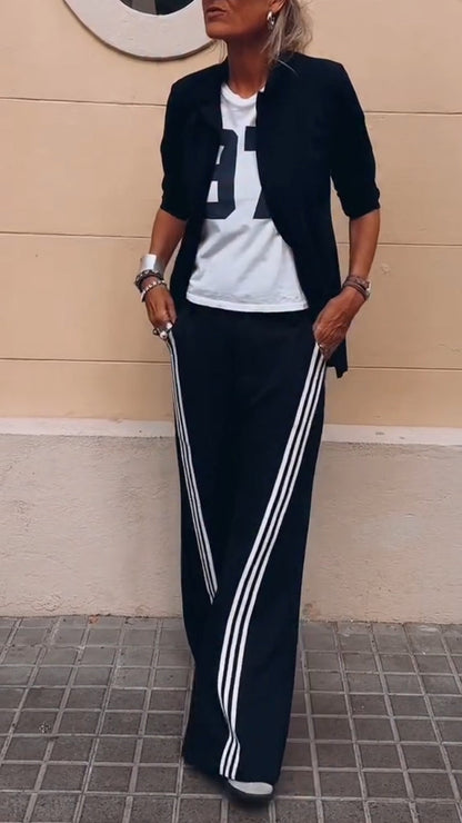 Ladies' Solid Color Jacket+ Vertical Striped Pants Casual Temperament Set - MYSTERYBOXS