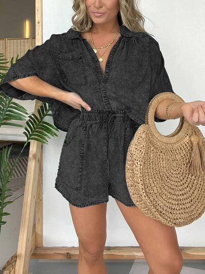 Ladies' Lapel Patchwork Wash Top+ Shorts Casual Suit - MYSTERYBOXS