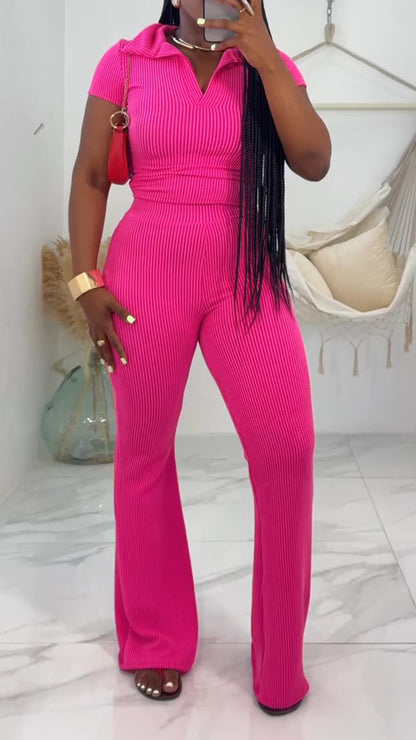 Ladies' Collar Solid Color Top+ Pants Casual Set - MYSTERYBOXS