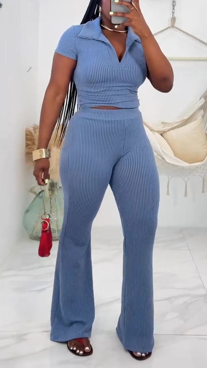 Ladies' Collar Solid Color Top+ Pants Casual Set - MYSTERYBOXS