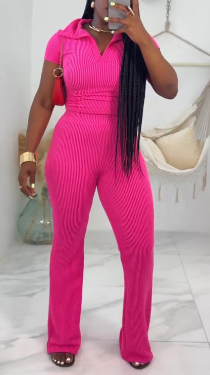 Ladies' Collar Solid Color Top+ Pants Casual Set - MYSTERYBOXS