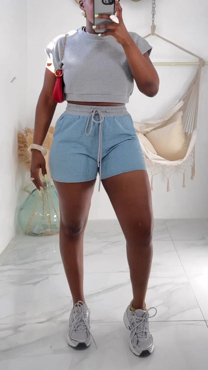 Women's Round Neck Short Top+ Spliced Shorts Casual Set - MYSTERYBOXS