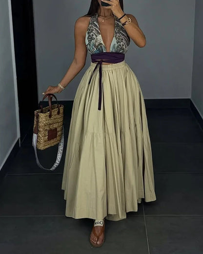Ladies' Neck Hanging Hollow Top+ Skirt Casual Temperament Set - MYSTERYBOXS