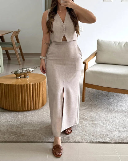 Women's V-neck Short Top+ Slit Skirt Casual Temperament Set - MYSTERYBOXS