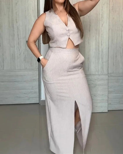 Women's V-neck Short Top+ Slit Skirt Casual Temperament Set - MYSTERYBOXS