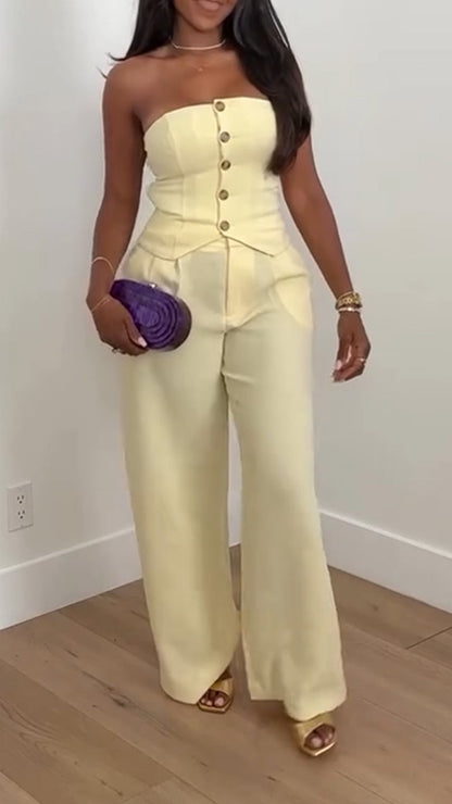 Ladies' Strapless Button Up Top + Pants Casual Temperament Set - MYSTERYBOXS