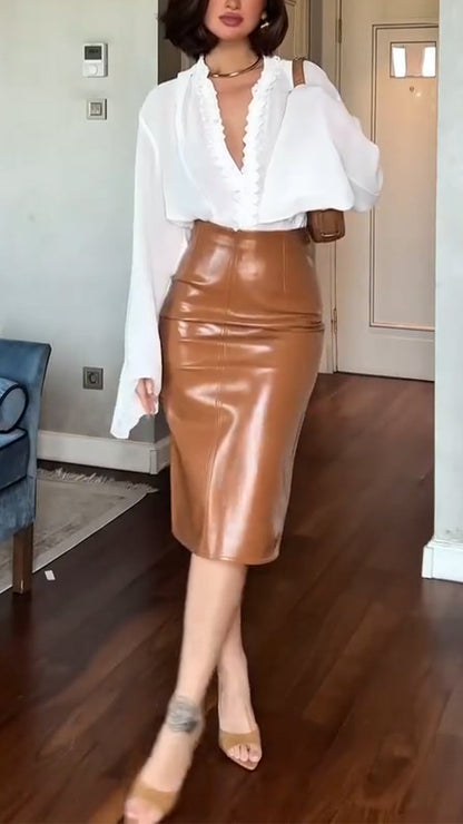 Ladies' V-neck Top+ Leather Skirt Temperament Commuting Set - MYSTERYBOXS