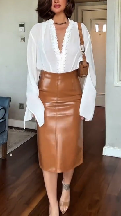 Ladies' V-neck Top+ Leather Skirt Temperament Commuting Set - MYSTERYBOXS