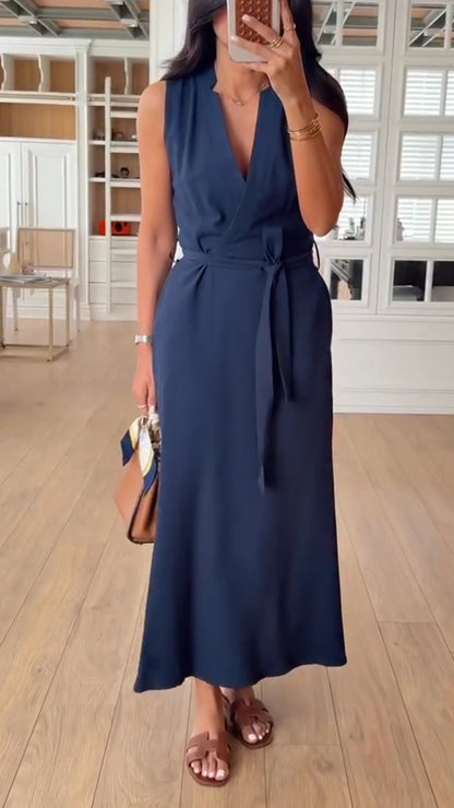 Ladies' V-neck and Waist Cinching Temperament Leisure Dress - MYSTERYBOXS