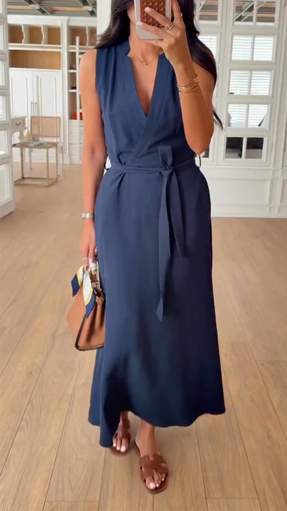 Ladies' V-neck and Waist Cinching Temperament Leisure Dress - MYSTERYBOXS