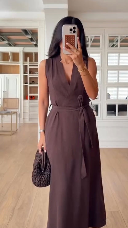 Ladies' V-neck and Waist Cinching Temperament Leisure Dress - MYSTERYBOXS