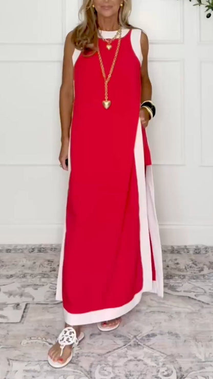 Ladies' Round Neck Patchwork Slit Long Skirt+ Shorts Casual Set - MYSTERYBOXS