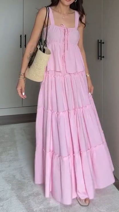 Ladies' Spaghetti Strap Patchwork Top+ Skirt Casual Set - MYSTERYBOXS