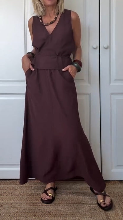 Ladies' V-neck Solid Color Top+ Skirt Casual Set - MYSTERYBOXS
