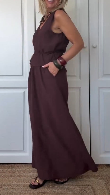 Ladies' V-neck Solid Color Top+ Skirt Casual Set - MYSTERYBOXS