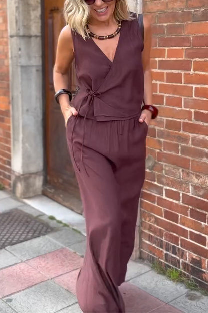 Ladies' V-neck Solid Color Top+ Skirt Casual Set - MYSTERYBOXS