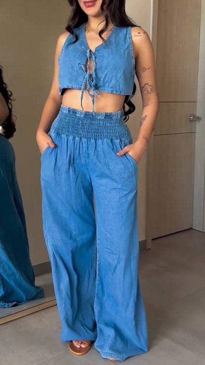 Women's V-neck Drawstring Sleeveless Denim Casual Suit - MYSTERYBOXS