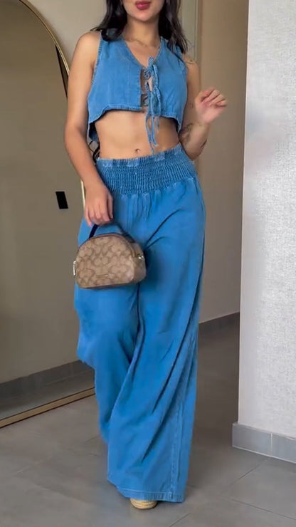 Women's V-neck Drawstring Sleeveless Denim Casual Suit - MYSTERYBOXS