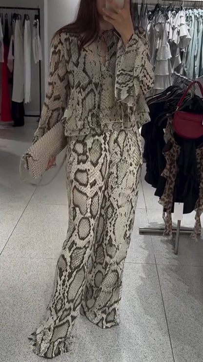 Women's V-neck Chiffon Snake Print Casual Suit - MYSTERYBOXS