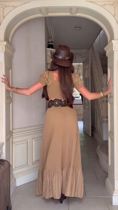 Women's Spring/Summer Dark Khaki Vacation Boho Nomadic Ultra-cropped Top Slit Long Skirt Two-piece Set - MYSTERYBOXS