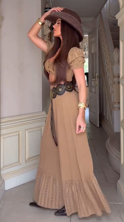 Women's Spring/Summer Dark Khaki Vacation Boho Nomadic Ultra-cropped Top Slit Long Skirt Two-piece Set - MYSTERYBOXS