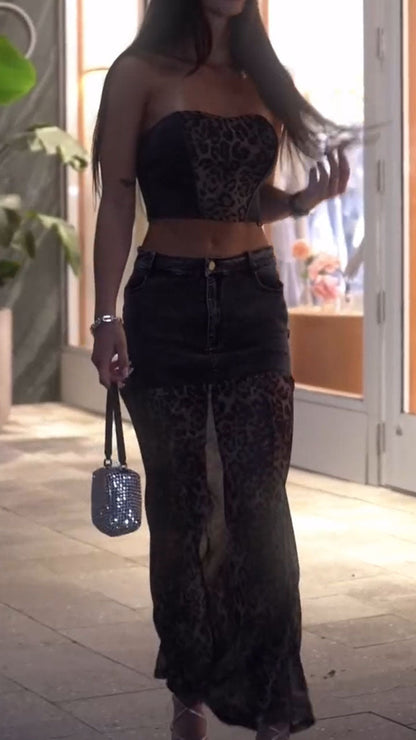 Women's Spring/Summer Casual Denim Splicing Leopard Print Tube Top Long Skirt Set - MYSTERYBOXS
