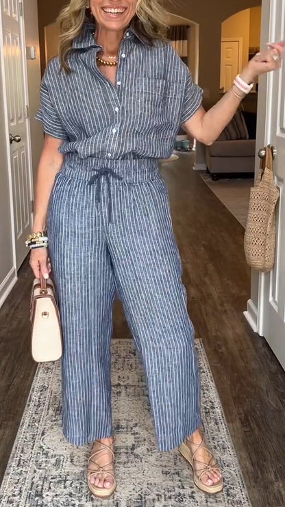 Ladies' Lapel Vertical Pattern Leisure Set - MYSTERYBOXS