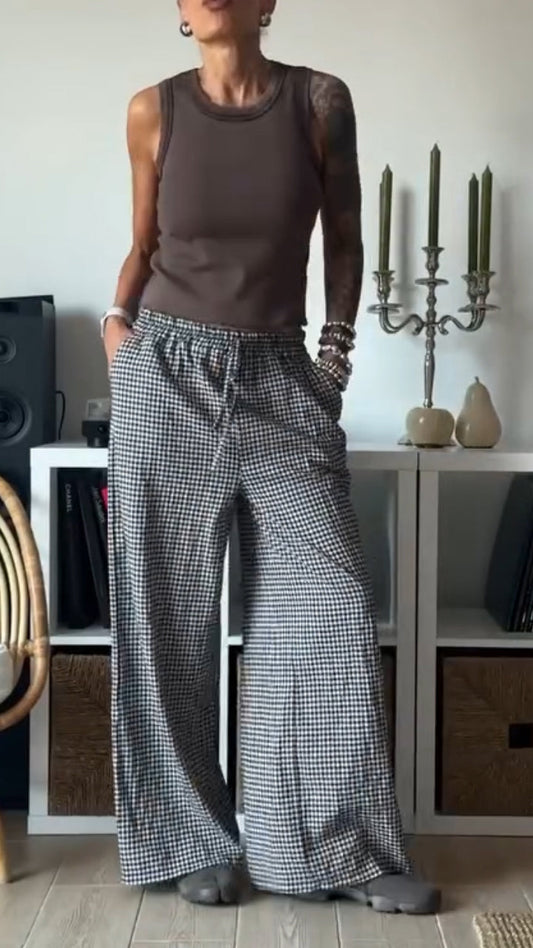 Ladies' Round Neck Vest+ Plaid Pants Casual Suit - MYSTERYBOXS