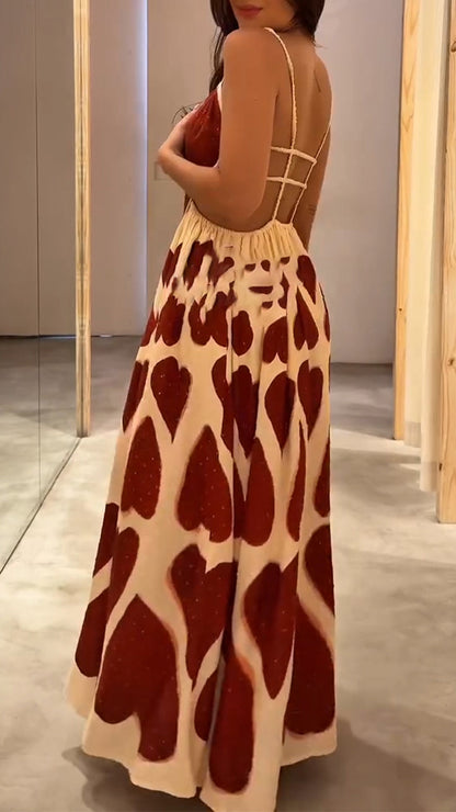 Ladies' Suspender Heart-shaped Printed Hollow Elegant Casual Dress - MYSTERYBOXS