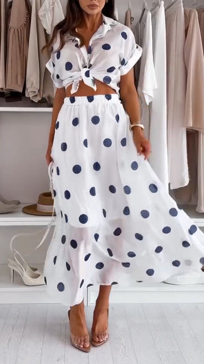 Ladies' Collar Polka Dot Top+ Skirt Casual Set - MYSTERYBOXS