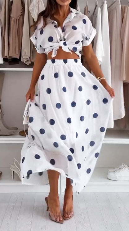 Ladies' Collar Polka Dot Top+ Skirt Casual Set - MYSTERYBOXS
