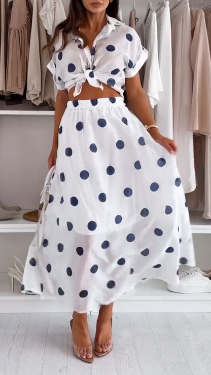 Ladies' Collar Polka Dot Top+ Skirt Casual Set - MYSTERYBOXS