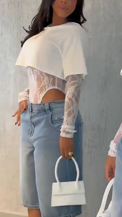 Hot Sale🔥Women's Round Neck Solid Color Short T-shirt + Lace Jumpsuit Two-piece Set - MYSTERYBOXS