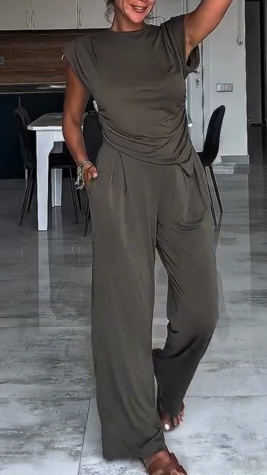 Women's Round Neck Irregular Top + Pants Casual Suit