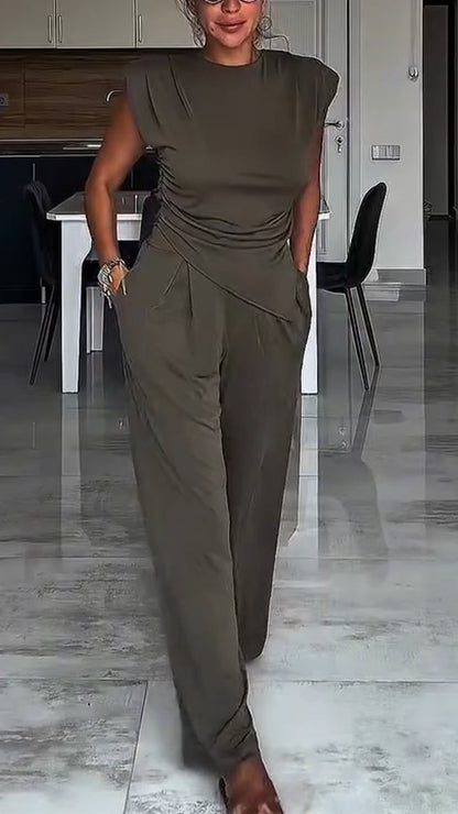 Women's Round Neck Irregular Top + Pants Casual Suit - MYSTERYBOXS