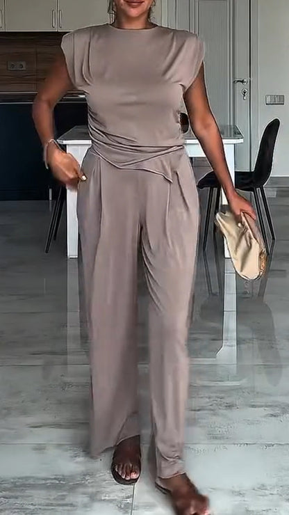 Women's Round Neck Irregular Top + Pants Casual Suit - MYSTERYBOXS