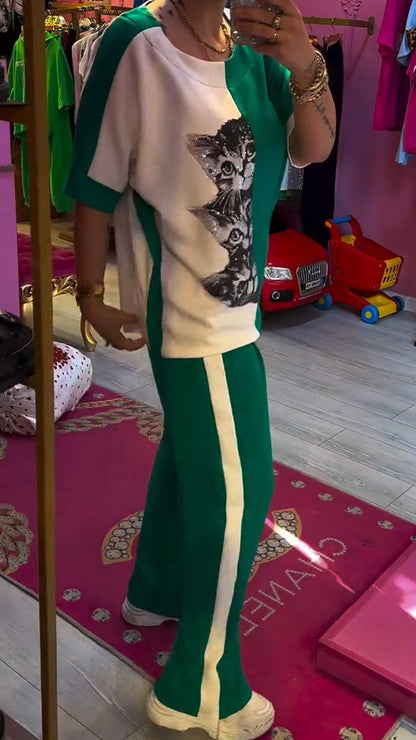 Ladies' Round Neck Contrasting Hot Stamping Printed Top+ Pants Casual Set - MYSTERYBOXS