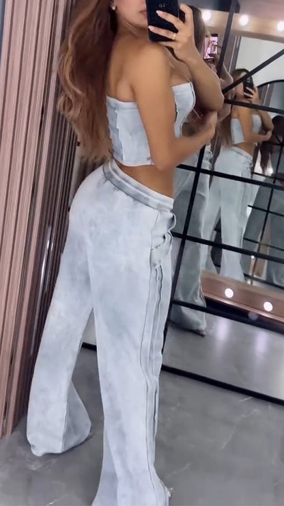 Ladies' Strapless Patchwork Top + Pants Casual Set - MYSTERYBOXS