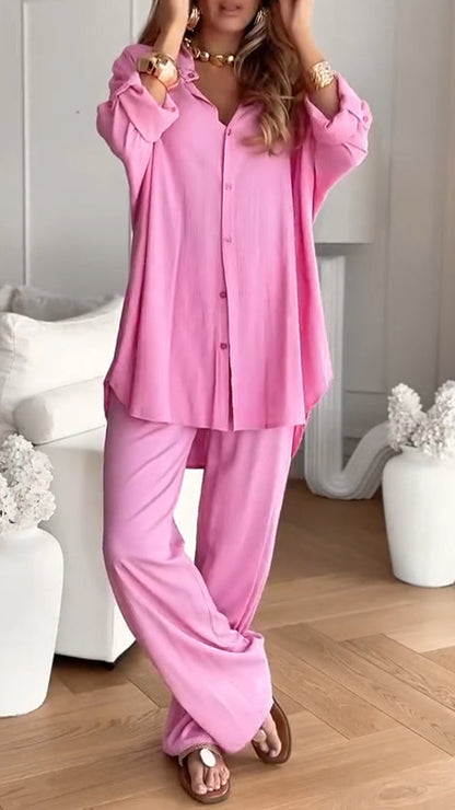 Ladies' Collar Solid Color Loose Casual Suit - MYSTERYBOXS